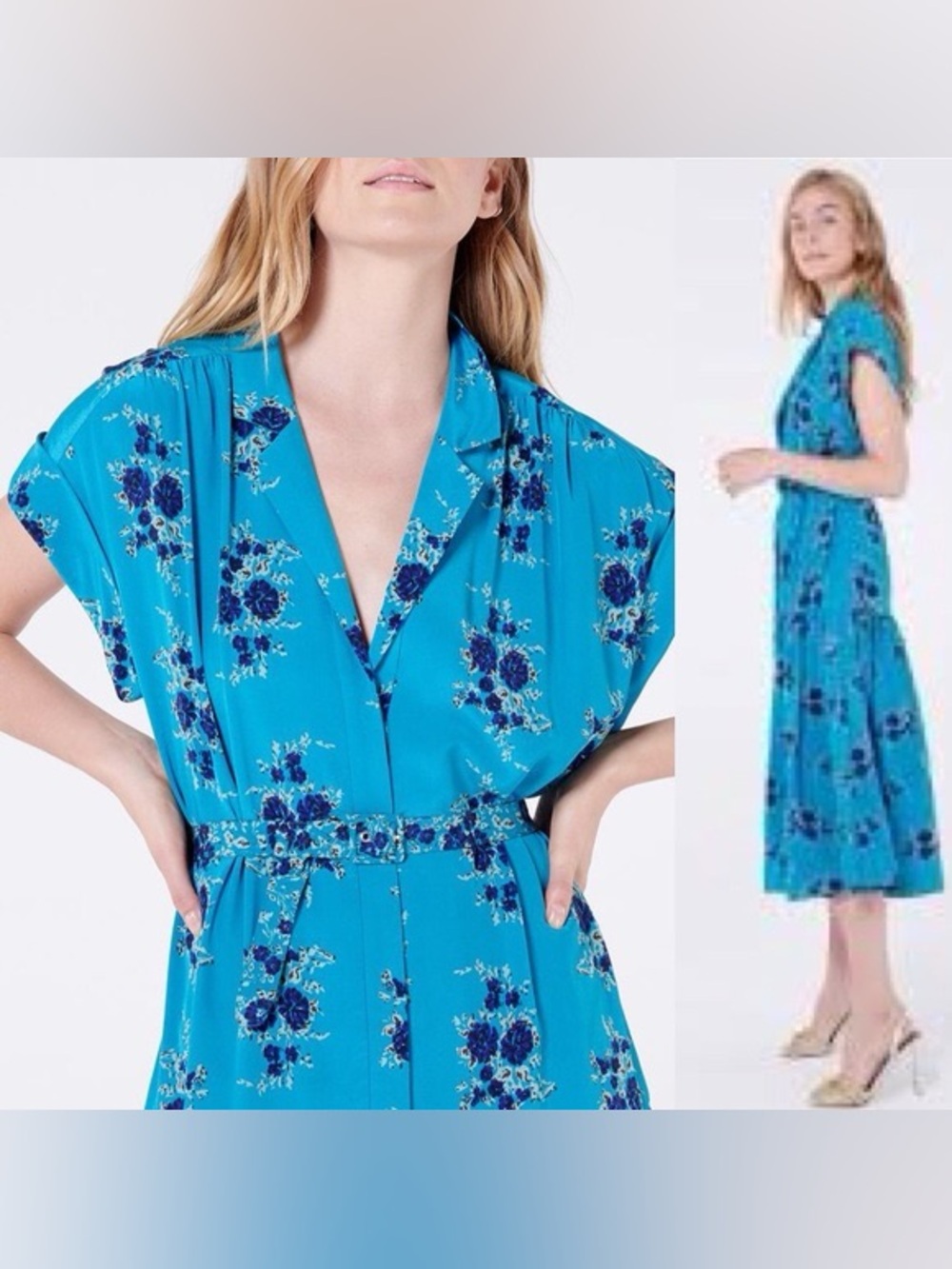 Veronica Beard Turquoise Floral Belted Midi Dress